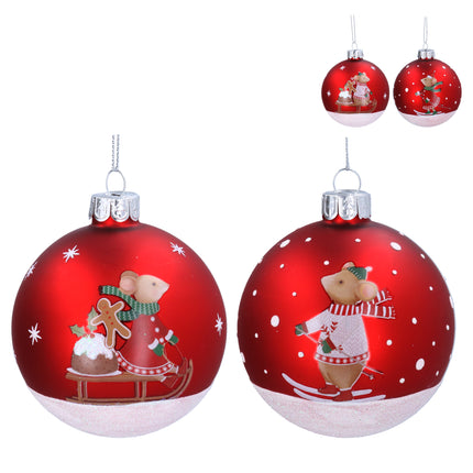 Gisela Graham Mice in the Snow Glass Bauble, Matt Red, 8cm