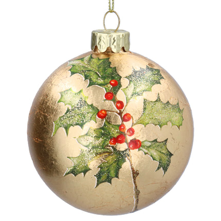 Gisela Graham Gold Leaf Holly and Red Berries Bauble, 8cm