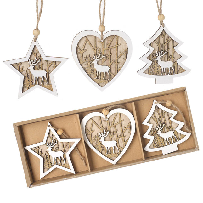 WHITE &amp; WOOD STAR HEART TREE WOODEN SET image 0