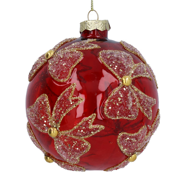 Gisela Graham Glitter Bows Glass Ball, Red, 10cm