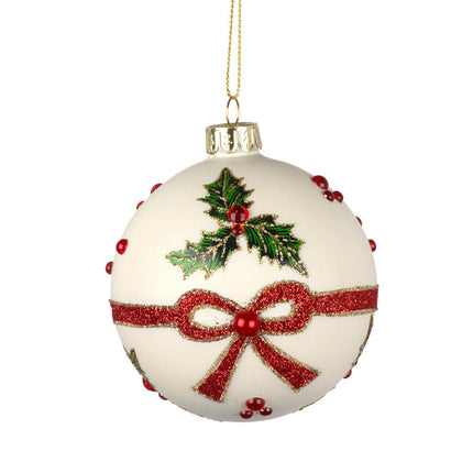 WHITE GLASS BAUBLE WITH HOLLY DESIGN image 0