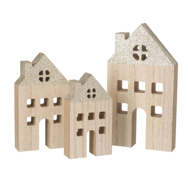 WOOD PLAIN HOUSES WITH GLITTER ROOF SET OF 3 image 0