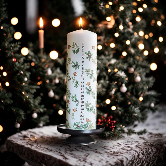 Holly & Ivy Festive Large Advent Pillar Candle - Hand-Poured, UK Made