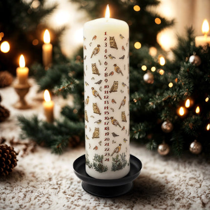 Winter Birds Large Advent Pillar Candle – Christmas Countdown Candle with Robins & Owls (UK Made)