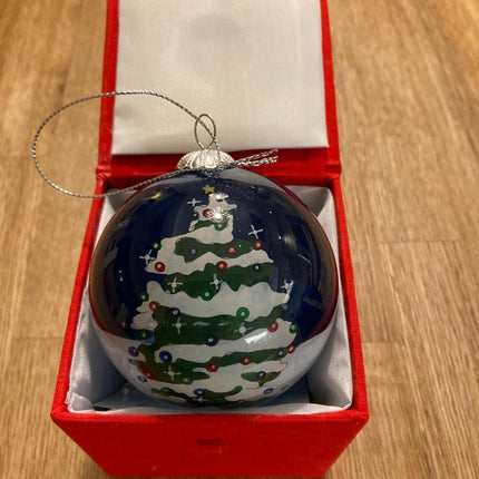Hand Painted Glass Bauble -Xmas Tree on Blue image 0