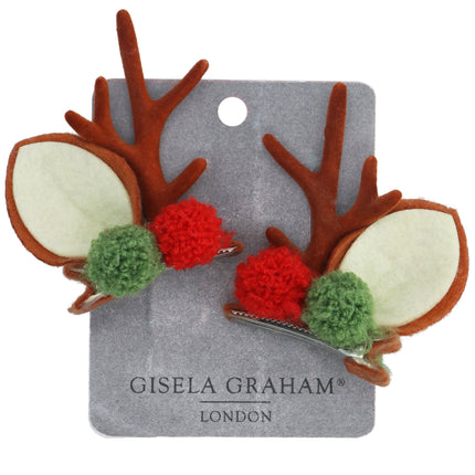 Gisela Graham Fabric Antler and Pom Pom Hair Clips, Pack of 2