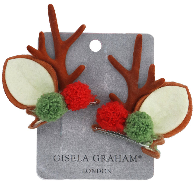 Gisela Graham Fabric Antler and Pom Pom Hair Clips, Pack of 2