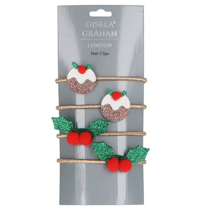 Gisela Graham Christmas Pudding and Holly Hair Bobbles, Pack of 4