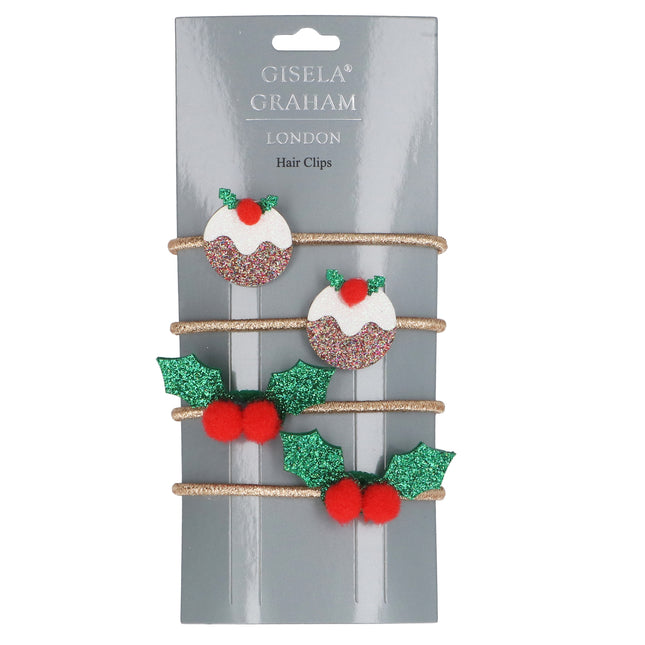 Gisela Graham Christmas Pudding and Holly Hair Bobbles, Pack of 4