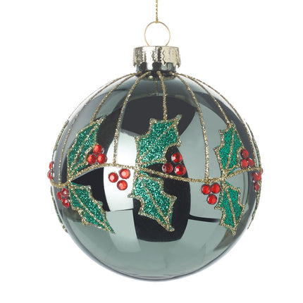 GREEN GLASS BAUBLE WITH HOLLY DESIGN image 0