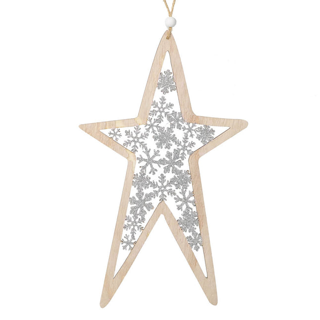 WOODEN STAR WITH CUT OUT SNOWFLAKES image 0
