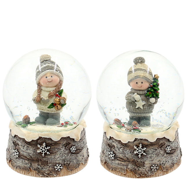 Grey Children Snow Globe on Bark-Look Base