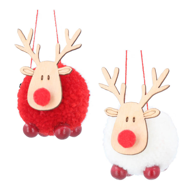 Wool Dec 6cm - Red/White Deer with Wood Head, 2as image 0