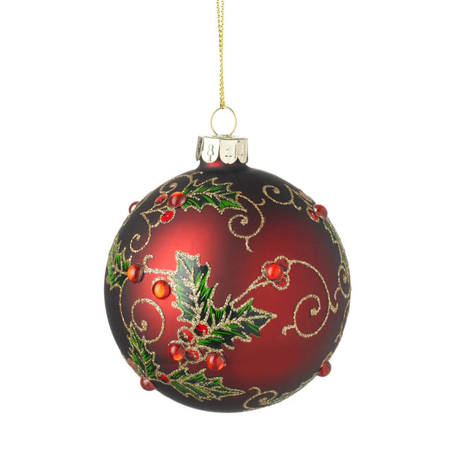 RED GLASS BAUBLE WITH HOLLY image 0