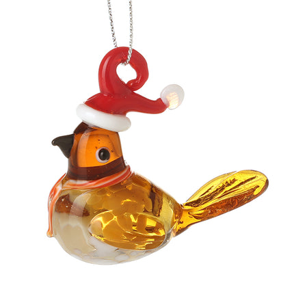 Glass Bird in Santa Hat Decoration