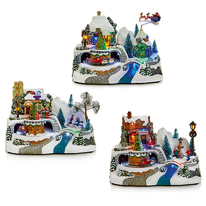 Lit Christmas Village Scene, Sleigh or Skaters