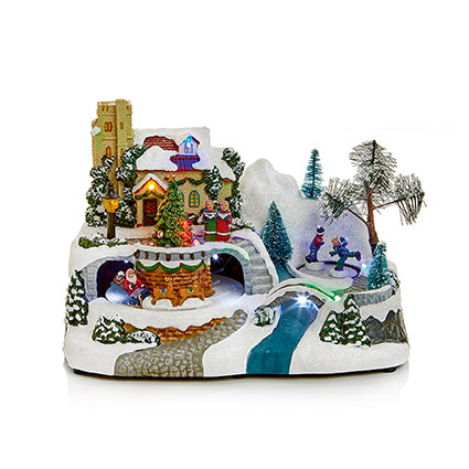 Lit Christmas Village Scene, Sleigh or Skaters