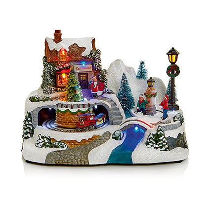 Lit Christmas Village Scene, Sleigh or Skaters
