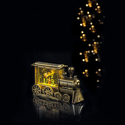 Gold Train Santa with Sleigh Water Spinner