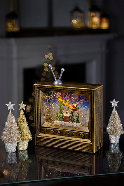 Antique Gold TV Lantern Santa Sleigh Water Spinner