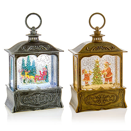 Light-Up Santa Scene Water Spinner lantern, Gold or Silver