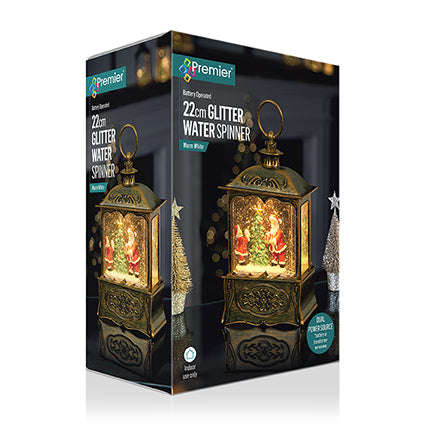 Light-Up Santa Scene Water Spinner lantern, Gold or Silver