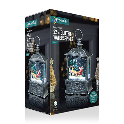 Light-Up Santa Scene Water Spinner lantern, Gold or Silver