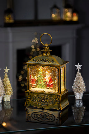 Light-Up Santa Scene Water Spinner lantern, Gold or Silver