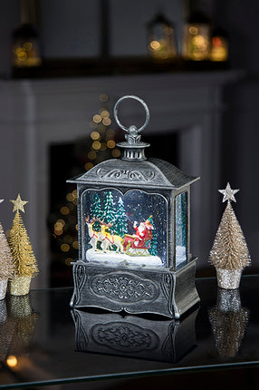 Light-Up Santa Scene Water Spinner lantern, Gold or Silver