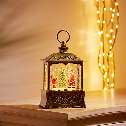 Light-Up Santa Scene Water Spinner lantern, Gold or Silver