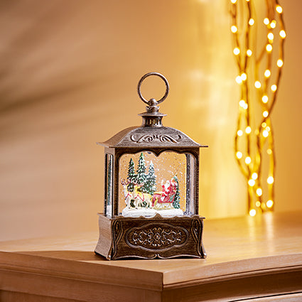 Light-Up Santa Scene Water Spinner lantern, Gold or Silver