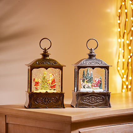 Light-Up Santa Scene Water Spinner lantern, Gold or Silver