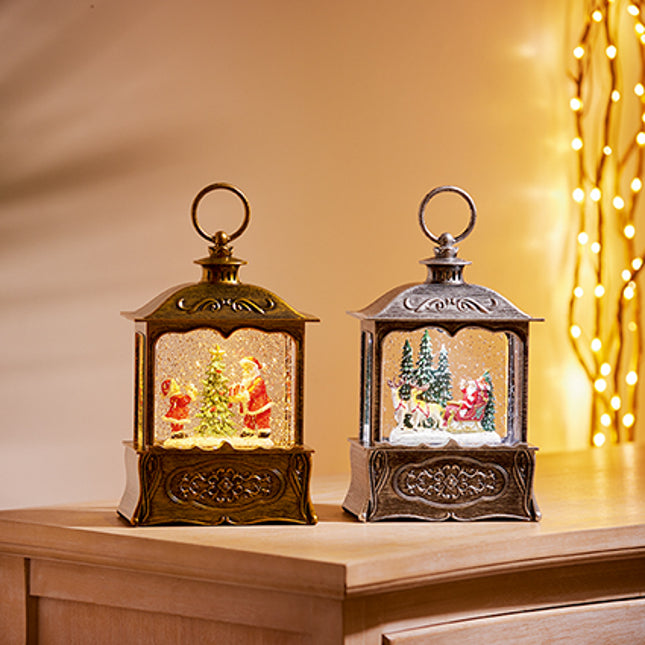 Light-Up Santa Scene Water Spinner lantern, Gold or Silver