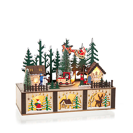 Lit Wooden Winter Village with Rotating Tree