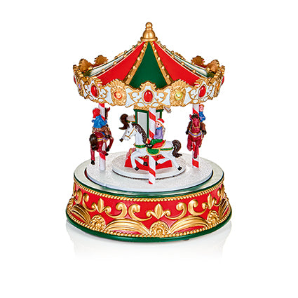 Lit Animated Carousel with Riders Wearing Santa Hats