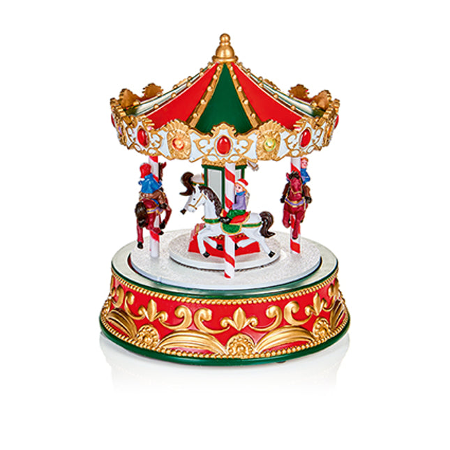 Lit Animated Carousel with Riders Wearing Santa Hats