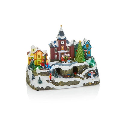 Lit Animated Musical Village with Turning Scenes