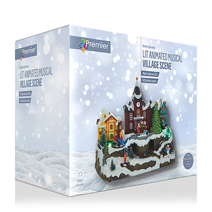 Lit Animated Musical Village with Turning Scenes