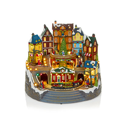 Lit Animated Musical Christmas Village with Turning Scenes