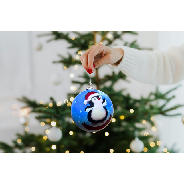 Hand Painted Glass Bauble - Baby Penguin "Merry Christmas"