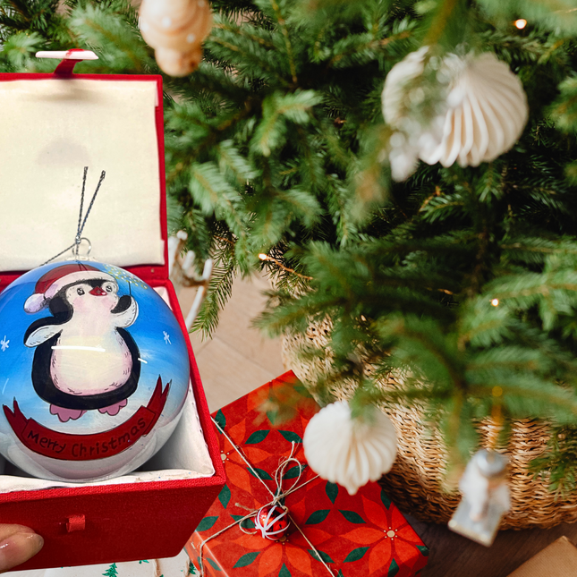 Hand Painted Glass Bauble - Baby Penguin "Merry Christmas"