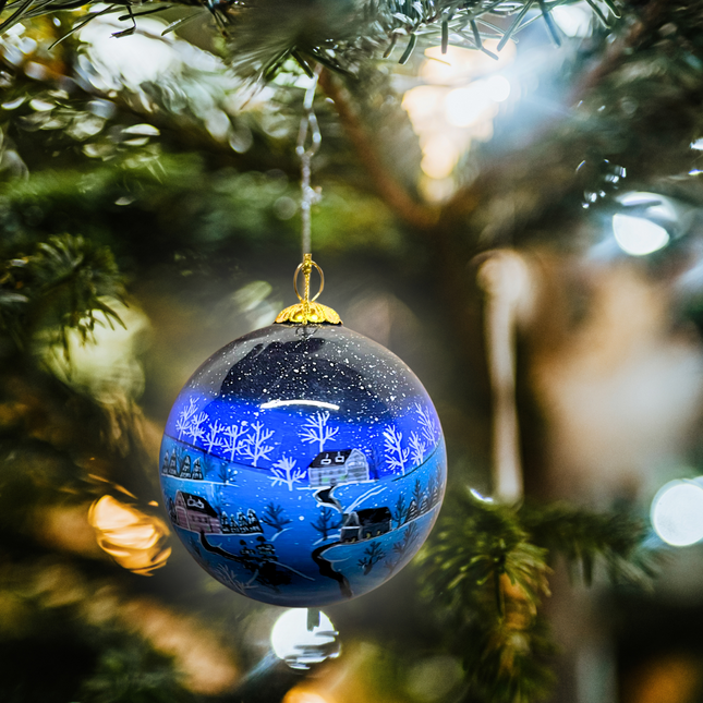 Hand Painted Glass Bauble - Night time winter village