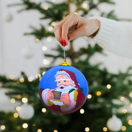 Hand Painted Glass Bauble - Santa drinking Cocoa