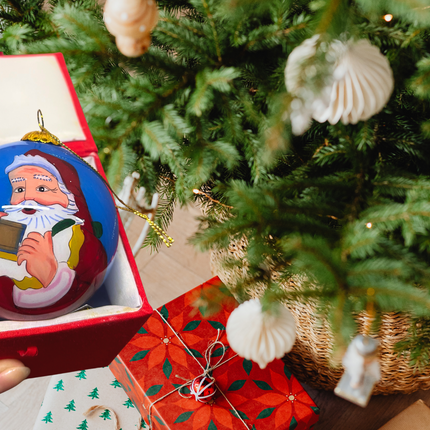 Hand Painted Glass Bauble - Santa drinking Cocoa