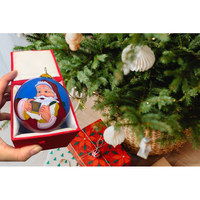 Hand Painted Glass Bauble - Santa drinking Cocoa