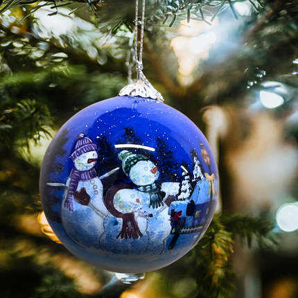 Hand Painted Glass Bauble - Three Snowman on a winters night