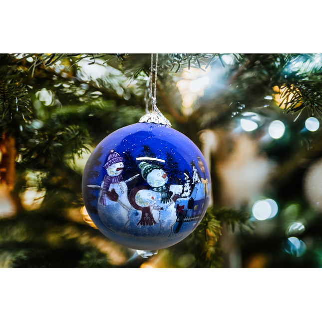 Hand Painted Glass Bauble - Three Snowman on a winters night