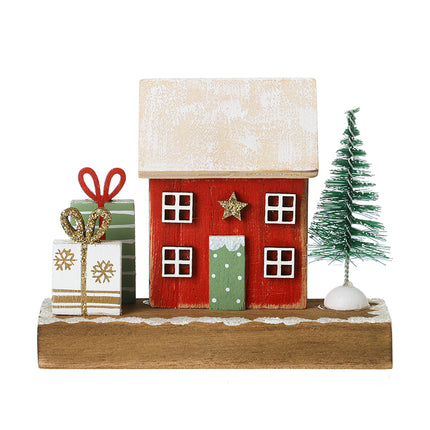 Red Wooden House With Gifts & Tree Ornament