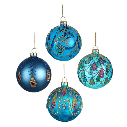 SET OF 4 GLASS PEACOCK DECORATED BAUBLES image 0
