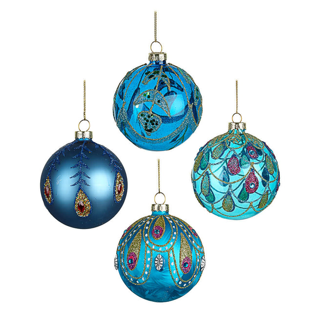SET OF 4 GLASS PEACOCK DECORATED BAUBLES image 0